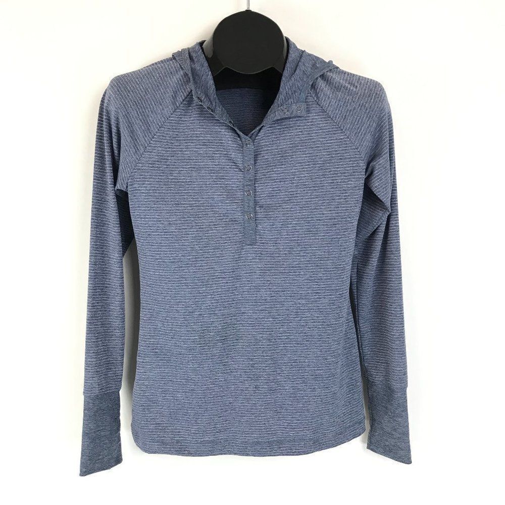 Eddie Bauer Striped Hooded Tee Women’s Size XS Pocket Stretch Knit Snaps Outdoor